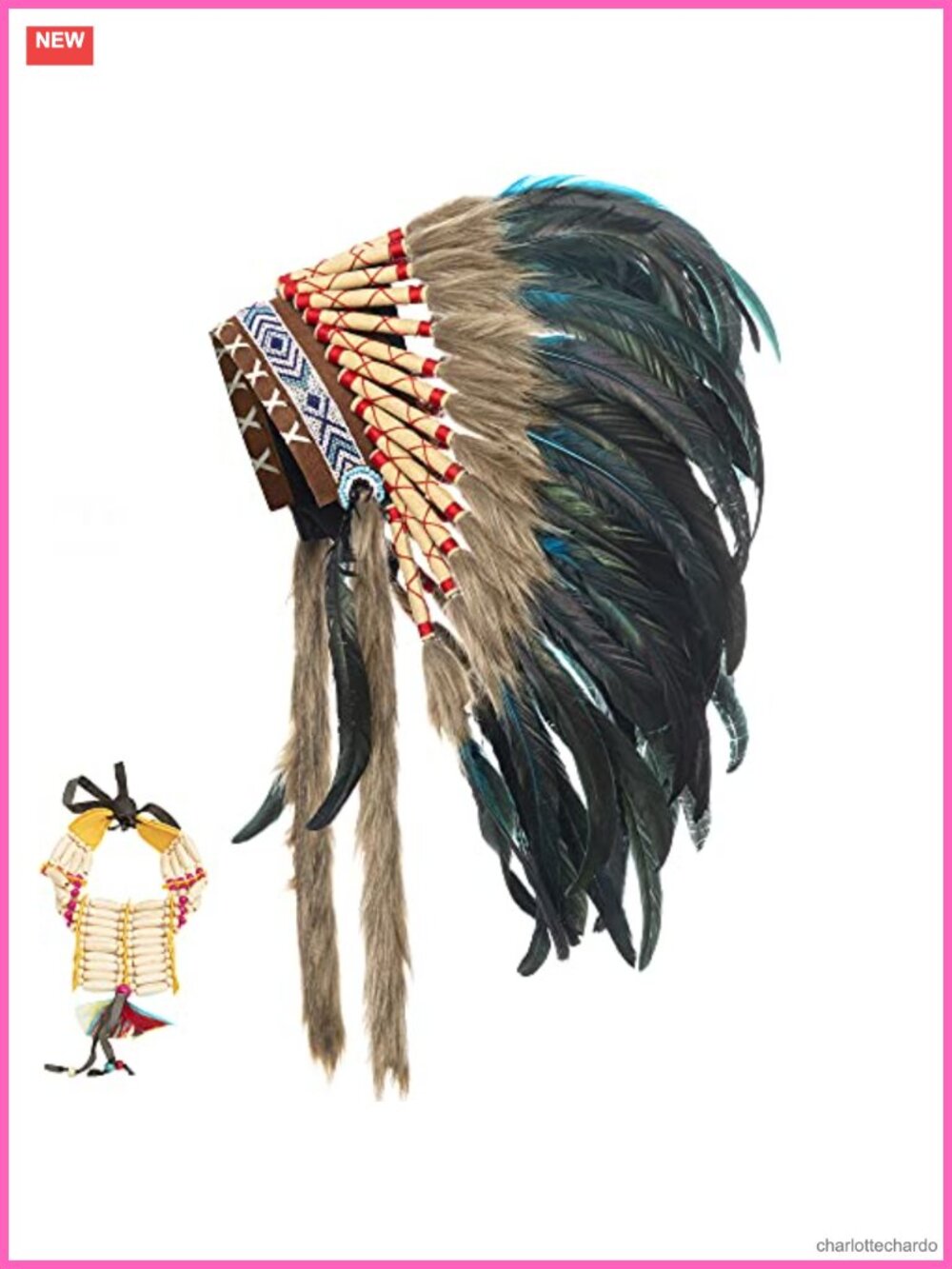 Handmade Native Indian Headdress Choker Set Feather Leather
